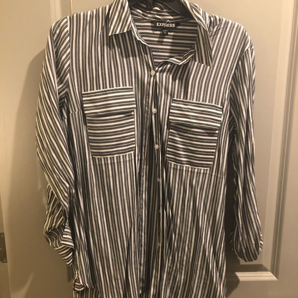 Express Grey and White Striped Button Down - M